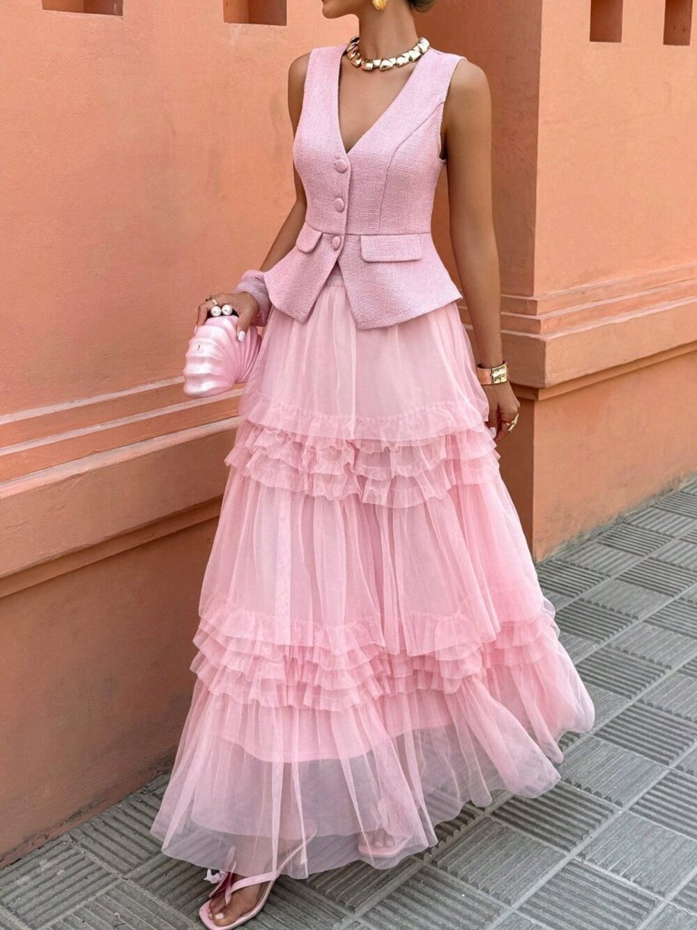 Pink Elegant Jacquard Women's  A-Line Mesh skirt with button down vest set